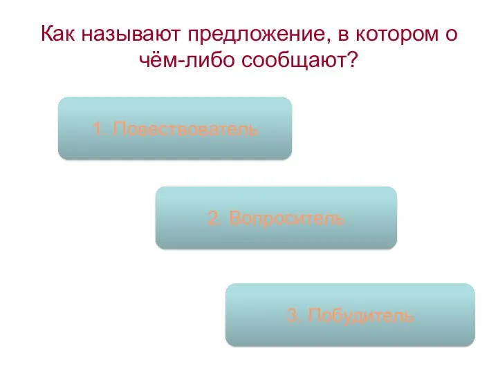 Как называют предложение, в котором о чём-либо сообщают? 1. Повествователь 2. Вопроситель 3. Побудитель