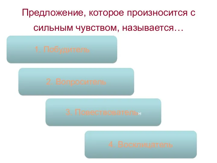 Предложение, которое произносится с сильным чувством, называется… 4. Восклицатель 2. Вопроситель 1. Побудитель 3. Повествовательн