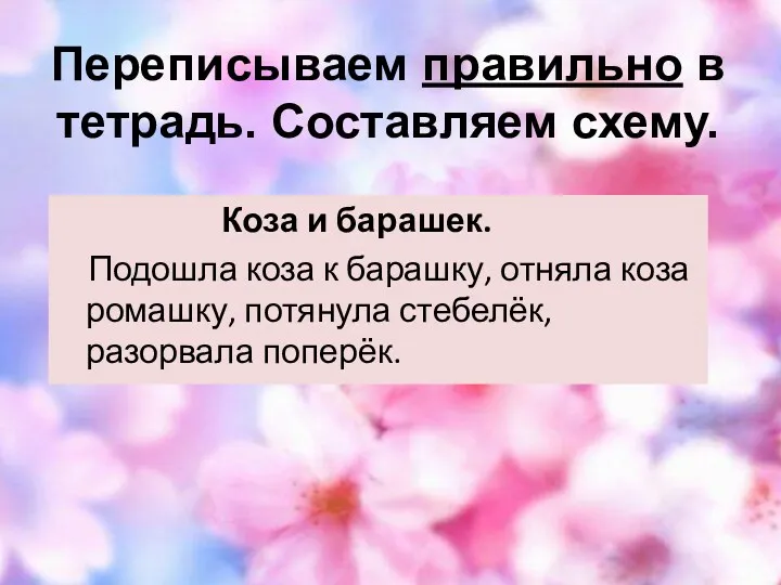 Переписываем правильно в тетрадь. Составляем схему. Коза и барашек. Подошла