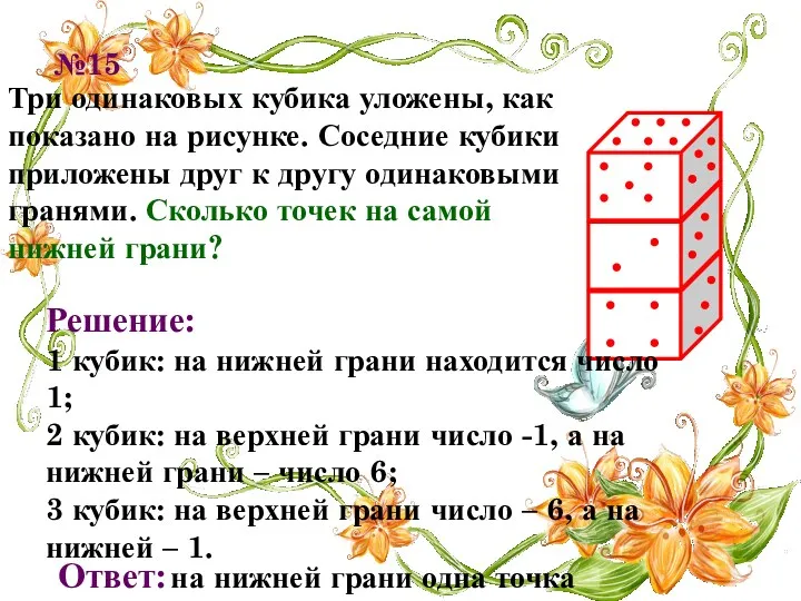 №15 Три одинаковых кубика уложены, как показано на рисунке. Соседние