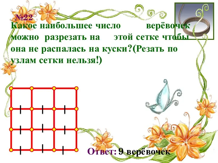 №22 Какое наибольшее число верёвочек можно разрезать на этой сетке