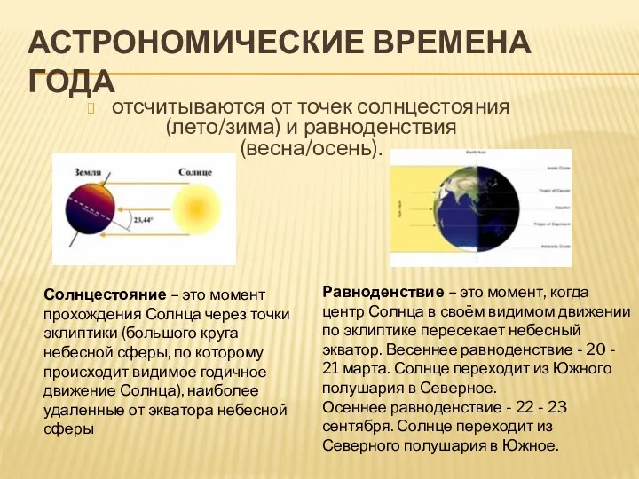 Астрономические времена года отсчитываются от точек солнцестояния (лето/зима) и равноденствия