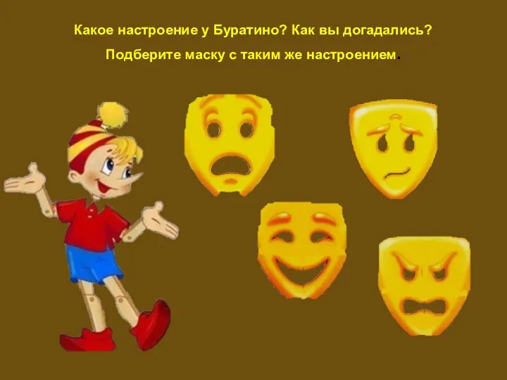 Какое настроение у Буратино? Как вы догадались? Подберите маску с таким же настроением.