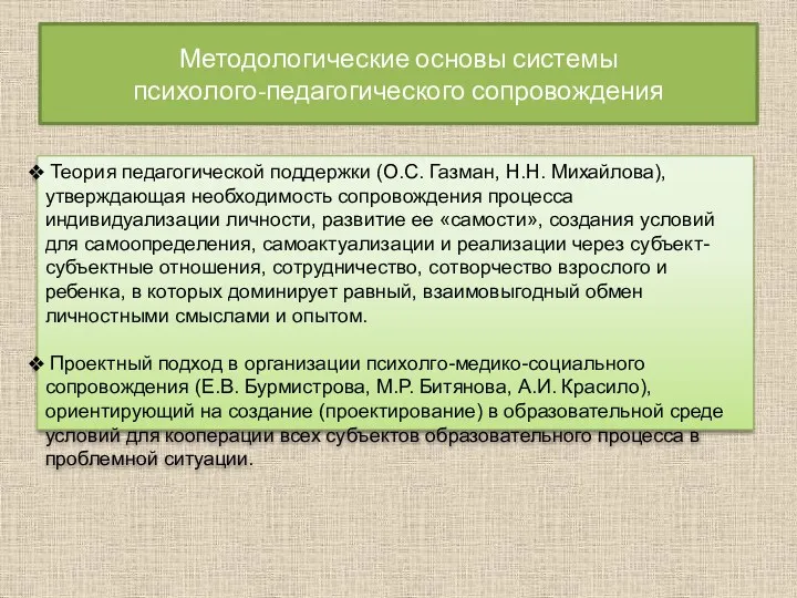 Методологические основы системы психолого-педагогического сопровождения Теория педагогической поддержки (О.С. Газман,