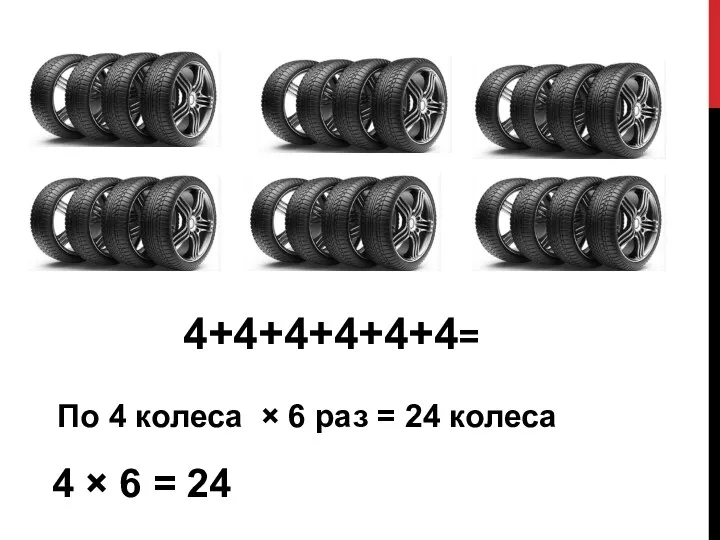 4+4+4+4+4+4= По 4 колеса × 6 раз = 24 колеса 4 × 6 = 24