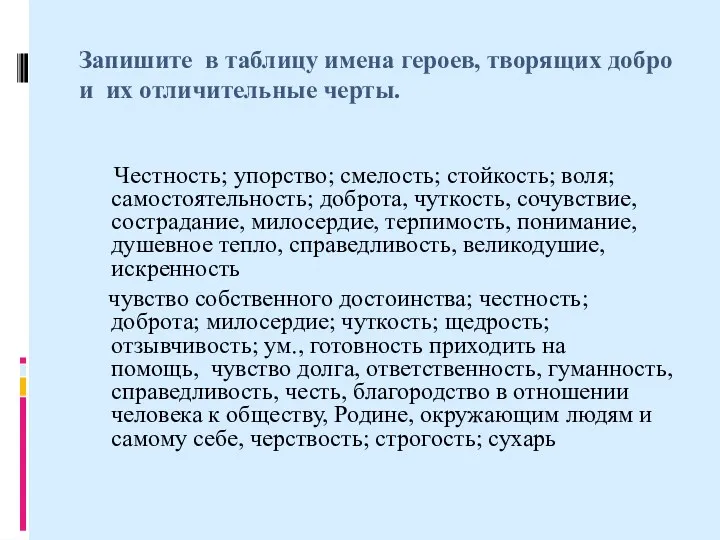 Запишите в таблицу имена героев, творящих добро и их отличительные