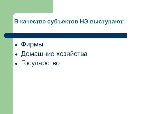 В качестве субъектов НЭ выступают: Фирмы Домашние хозяйства Государство