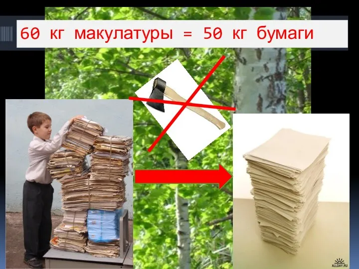 60 кг макулатуры = 50 кг бумаги