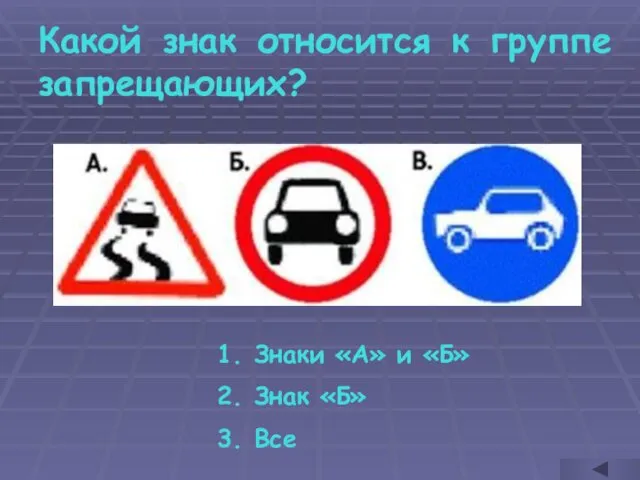 Какой знак относится к группе запрещающих? Знаки «А» и «Б» Знак «Б» Все