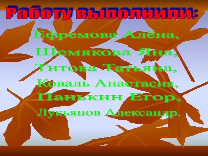 Работу выполнили: Ефремова Алёна, Шемякова Яна, Титова Татьяна, Коваль Анастасия, Панькин Егор, Лукьянов Александр.