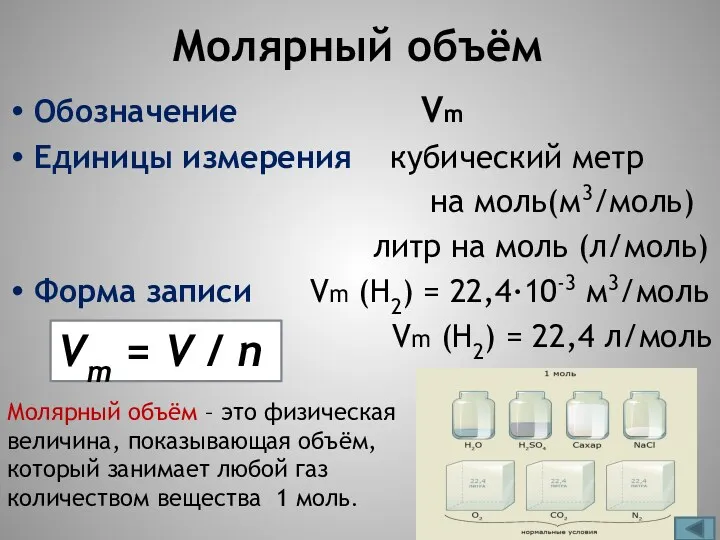 Молярный объём Обозначение Vm Единицы измерения кубический метр на моль(м3/моль)