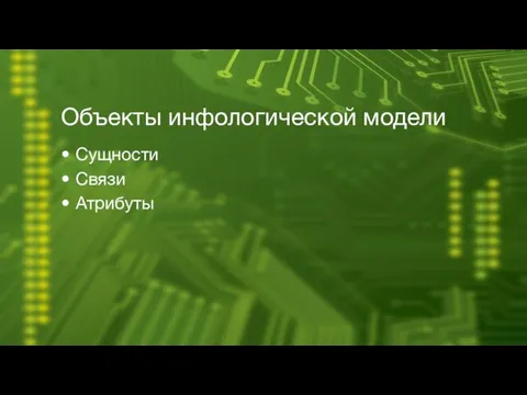 Объекты инфологической модели Сущности Связи Атрибуты