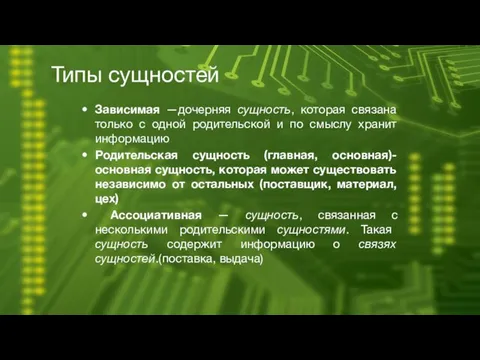 Типы сущностей Зависимая —дочерняя сущность, которая связана только с одной