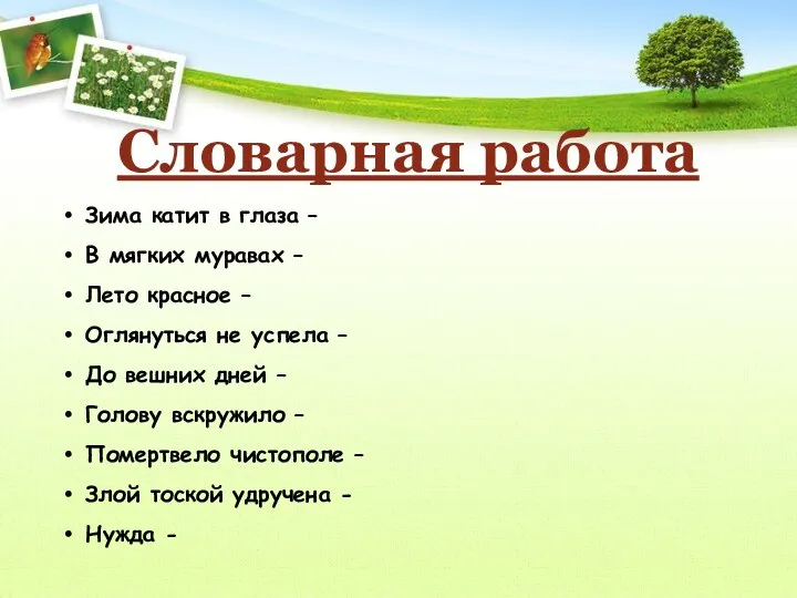 Словарная работа Зима катит в глаза – В мягких муравах