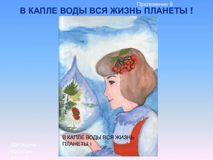 В КАПЛЕ ВОДЫ ВСЯ ЖИЗНЬ ПЛАНЕТЫ ! Шипицина Наталья 6 класс В КАПЛЕ