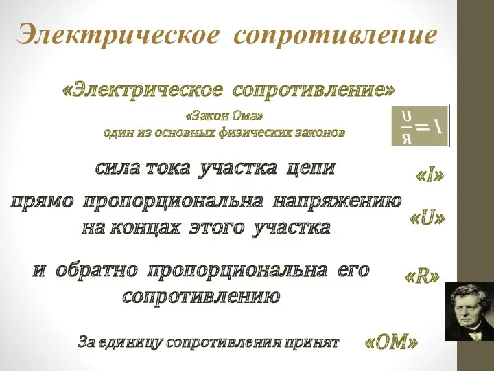 Электрическое сопротивление «Закон Ома» один из основных физических законов сила тока участка цепи