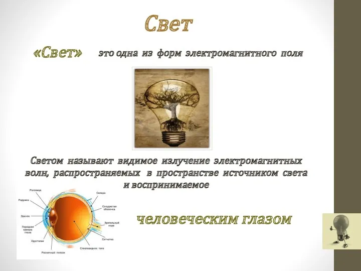 Свет «Свет» это одна из форм электромагнитного поля Светом называют видимое излучение электромагнитных