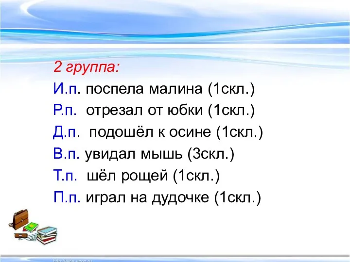 2 группа: И.п. поспела малина (1скл.) Р.п. отрезал от юбки