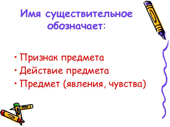 Имя существительное обозначает: Признак предмета Действие предмета Предмет (явления, чувства)