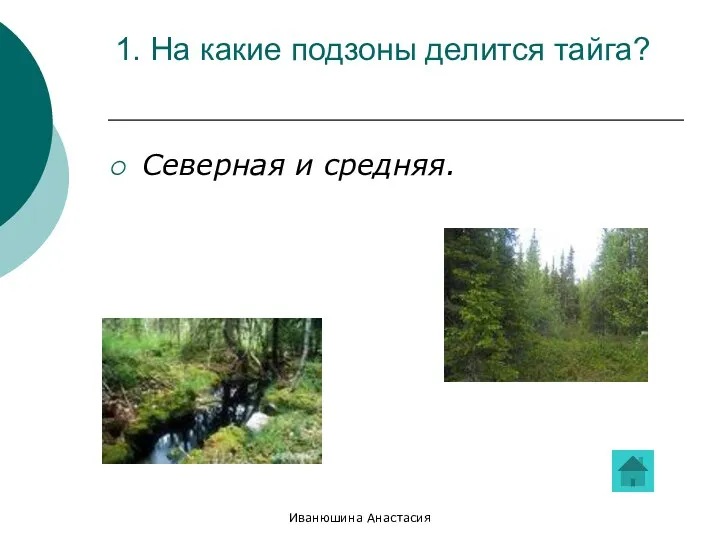 Иванюшина Анастасия 1. На какие подзоны делится тайга? Северная и средняя.