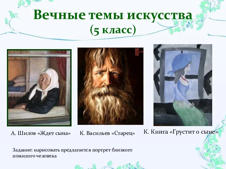 Вечные темы искусства (5 класс) А. Шилов «Ждет сына» К. Васильев «Старец» Задание:
