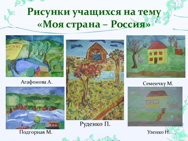 Рисунки учащихся на тему «Моя страна – Россия» Агафонова А. Подгорная М. Руденко