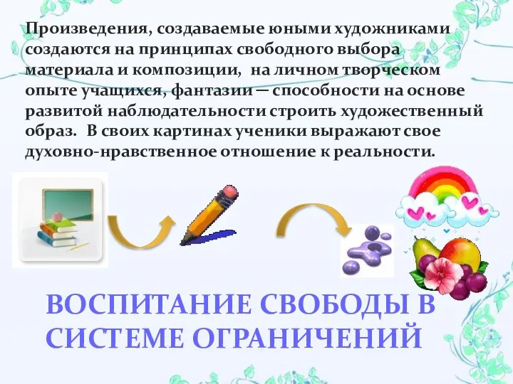 Воспитание свободы в системе ограничений Произведения, создаваемые юными художниками создаются на принципах свободного