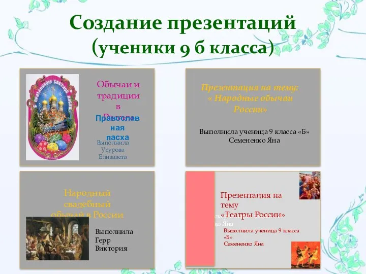 Создание презентаций (ученики 9 б класса) Обычаи и традиции в России Православная пасха