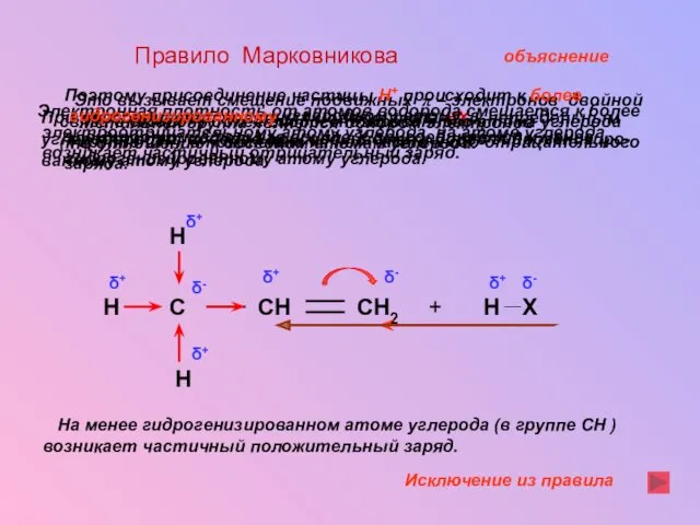 Правило Марковникова При присоединении полярных молекул типа НХ к непредельным