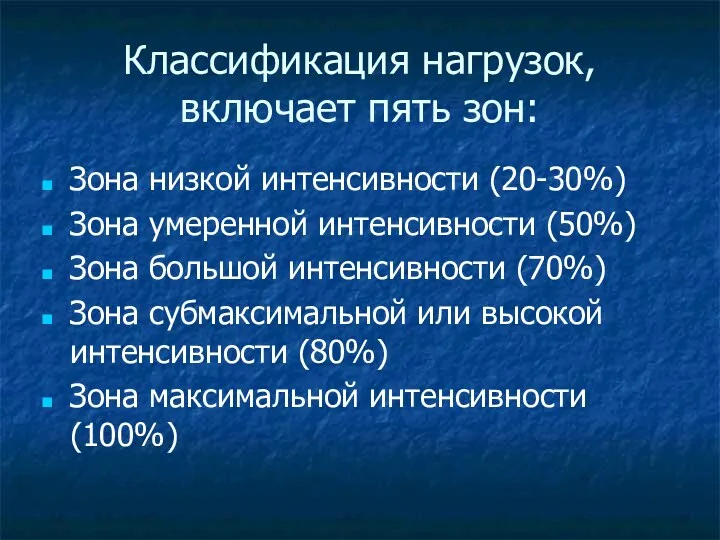 Классификация нагрузок, включает пять зон: Зона низкой интенсивности (20-30%) Зона умеренной интенсивности (50%)