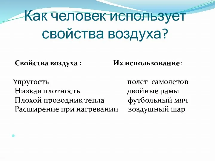 Как человек использует свойства воздуха? Свойства воздуха : Их использование: