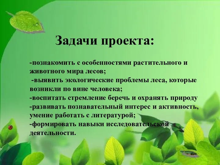 -познакомить с особенностями растительного и животного мира лесов; -выявить экологические проблемы леса, которые