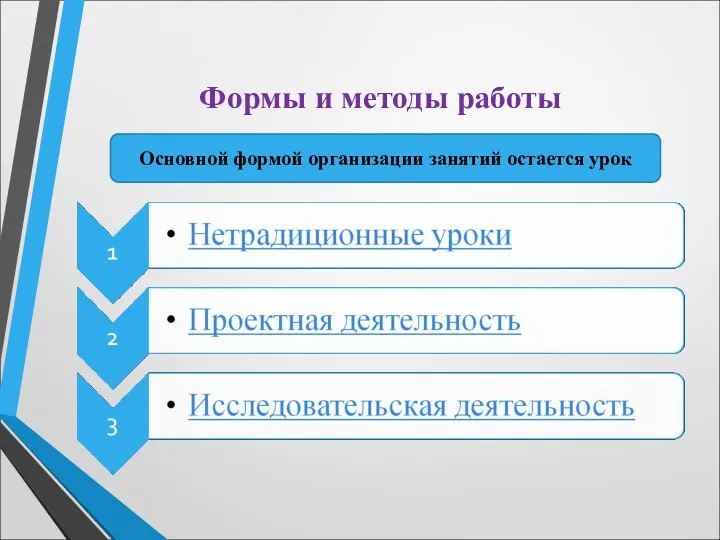 Формы и методы работы Основной формой организации занятий остается урок