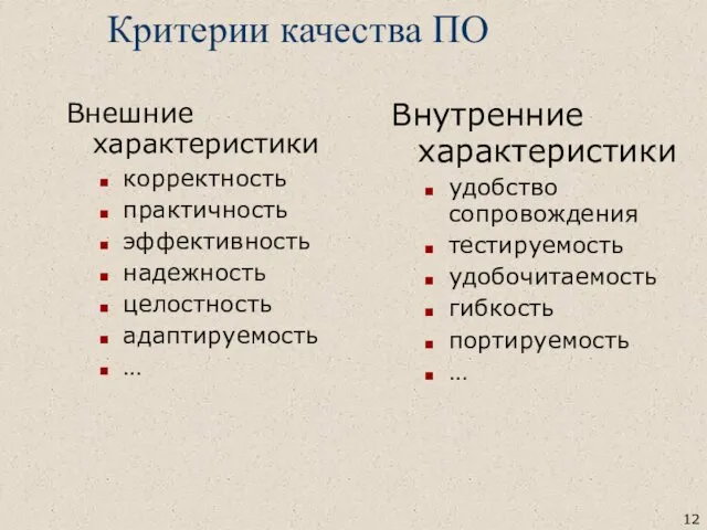 Критерии качества ПО Внешние характеристики корректность практичность эффективность надежность целостность