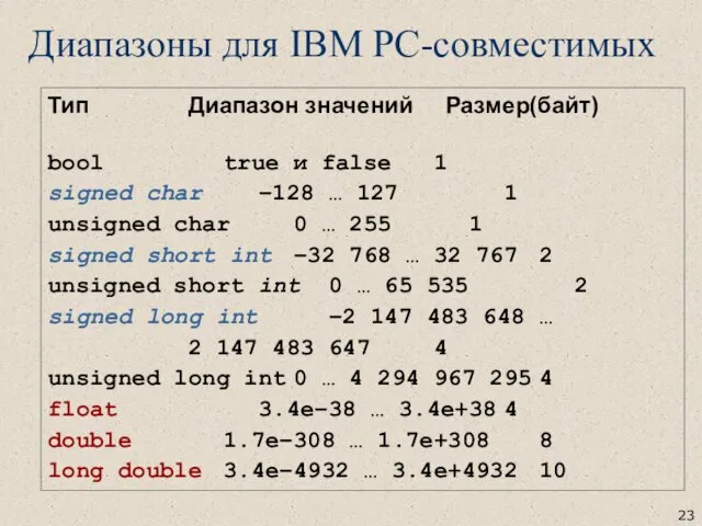 Тип Диапазон значений Размер(байт) bool true и false 1 signed