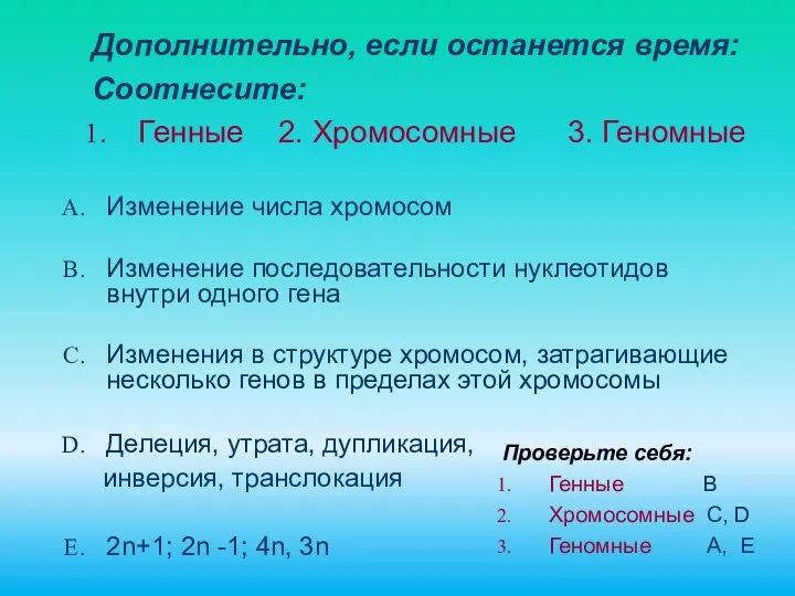 Изменение числа хромосом Изменение последовательности нуклеотидов внутри одного гена Изменения