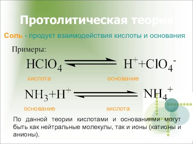 Протолитическая теория Примеры: кислота основание основание кислота По данной теории