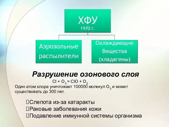 Разрушение озонового слоя Слепота из-за катаракты Раковые заболевания кожи Подавление