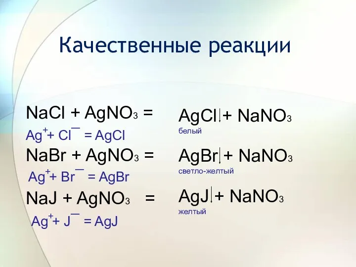 Качественные реакции NaCl + AgNO3 = NaBr + AgNO3 = NaJ + AgNO3