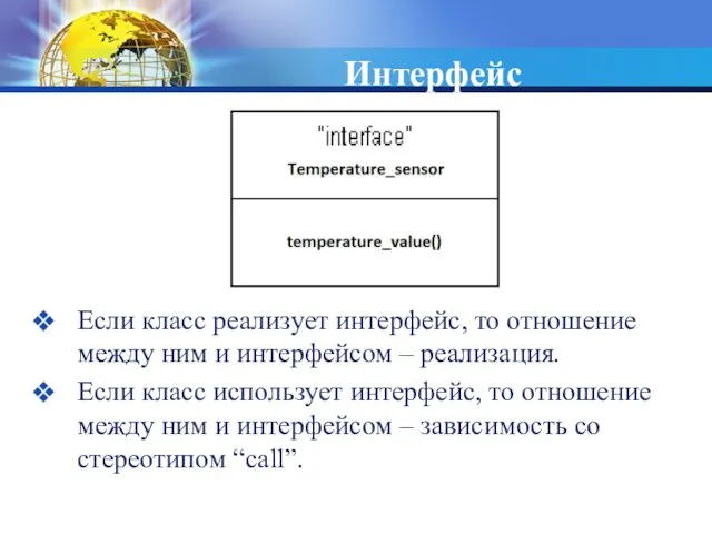 Интерфейс Если класс реализует интерфейс, то отношение между ним и