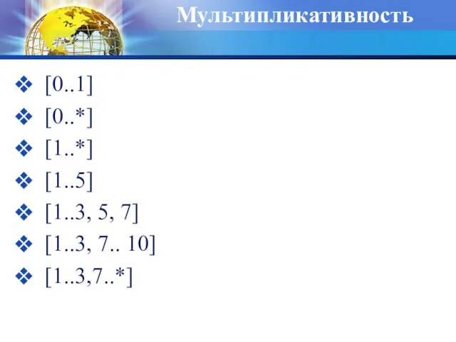 Мультипликативность [0..1] [0..*] [1..*] [1..5] [1..3, 5, 7] [1..3, 7.. 10] [1..3,7..*]