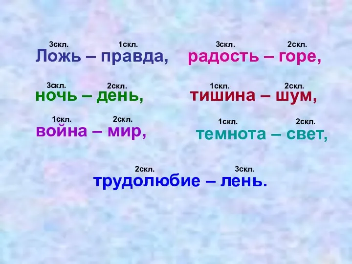 Ложь – правда, радость – горе, ночь – день, тишина – шум, война