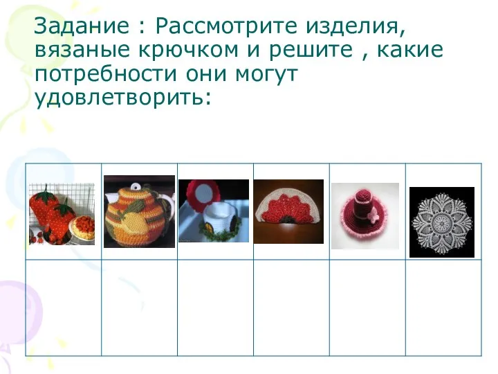 Задание : Рассмотрите изделия, вязаные крючком и решите , какие потребности они могут удовлетворить: