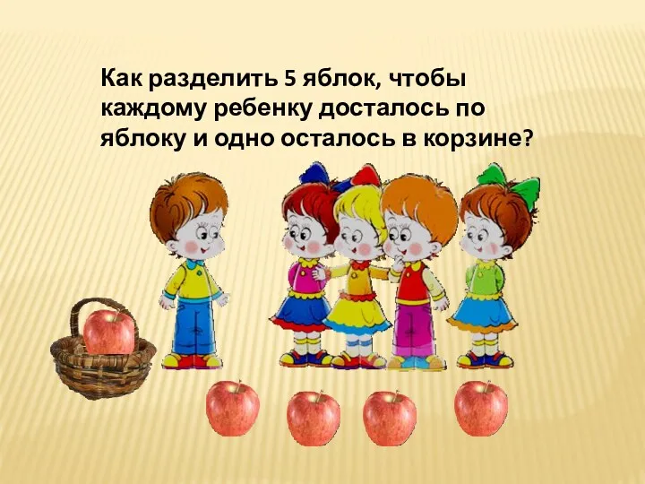 Как разделить 5 яблок, чтобы каждому ребенку досталось по яблоку и одно осталось в корзине?