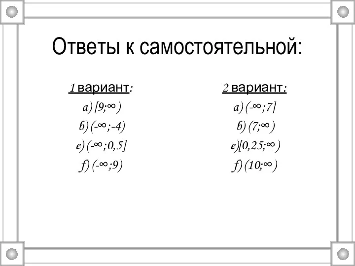 Ответы к самостоятельной: 1 вариант: a) [9;∞) b) (-∞;-4) e) (-∞;0,5] f) (-∞;9)