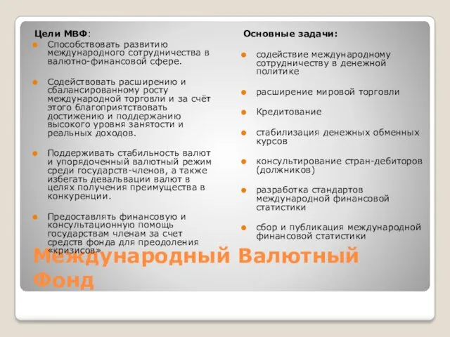 Международный Валютный Фонд Цели МВФ: Способствовать развитию международного сотрудничества в