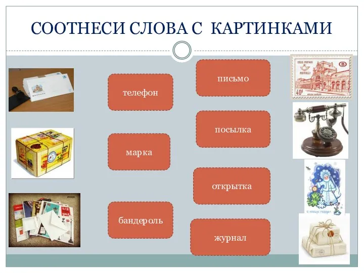 СООТНЕСИ СЛОВА С КАРТИНКАМИ телефон марка бандероль письмо посылка открытка журнал