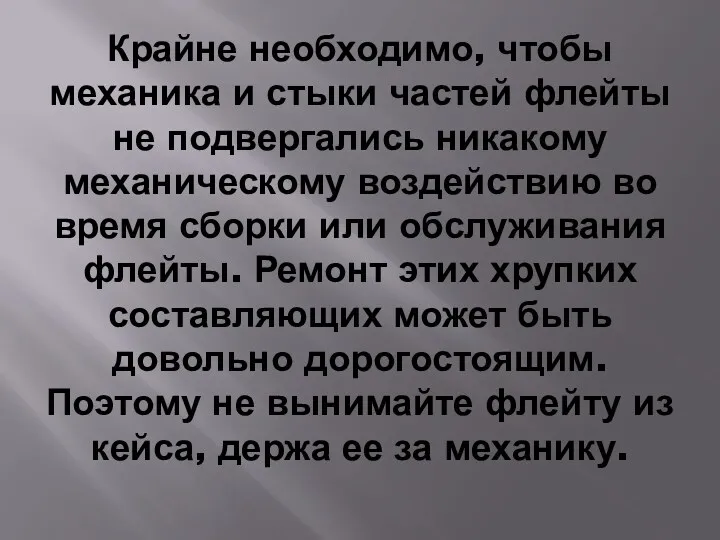 Крайне необходимо, чтобы механика и стыки частей флейты не подвергались никакому механическому воздействию