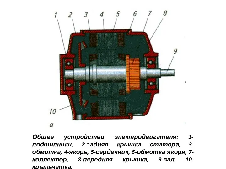 Общее устройство электродвигателя: 1-подшипники, 2-задняя крышка статора, 3-обмотка, 4-якорь, 5-сердечник,