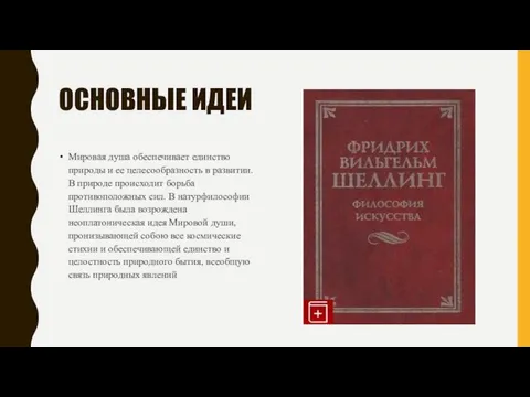 ОСНОВНЫЕ ИДЕИ Мировая душа обеспечивает единство природы и ее целесообразность в развитии. В